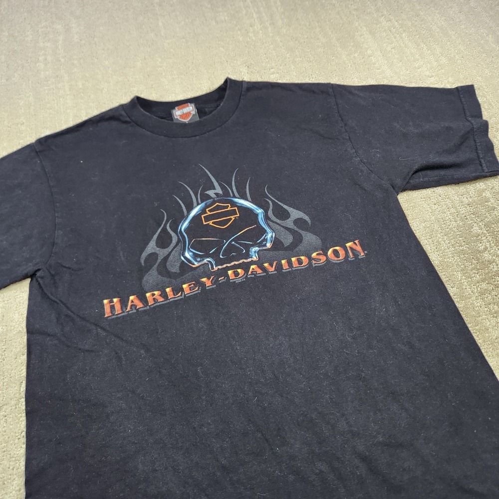 Harley Davidson Shirt Men L Black Skull Deadman Rider Biker MC Flames Y2K